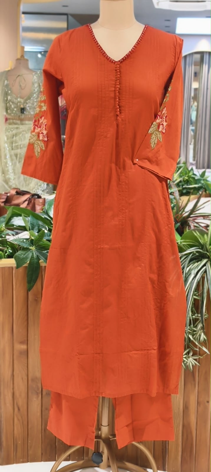 Crosia Work Over Sleeve Pleated Cotton Full Suit Set With Dupatta With Minimal Neckline- 16344