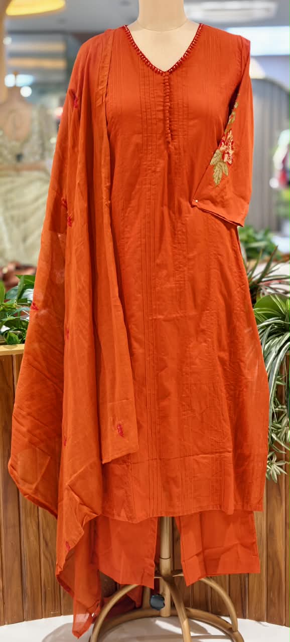 Crosia Work Over Sleeve Pleated Cotton Full Suit Set With Dupatta With Minimal Neckline- 16344