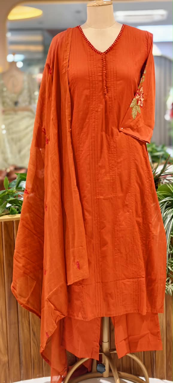 Crosia Work Over Sleeve Pleated Cotton Full Suit Set With Dupatta With Minimal Neckline- 16344