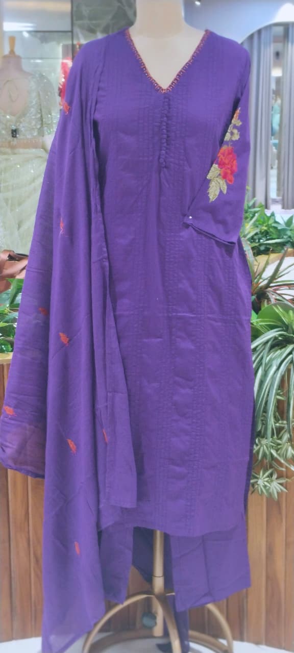 Crosia Work Over Sleeve Pleated Cotton Full Suit Set With Dupatta With Minimal Neckline- 16344