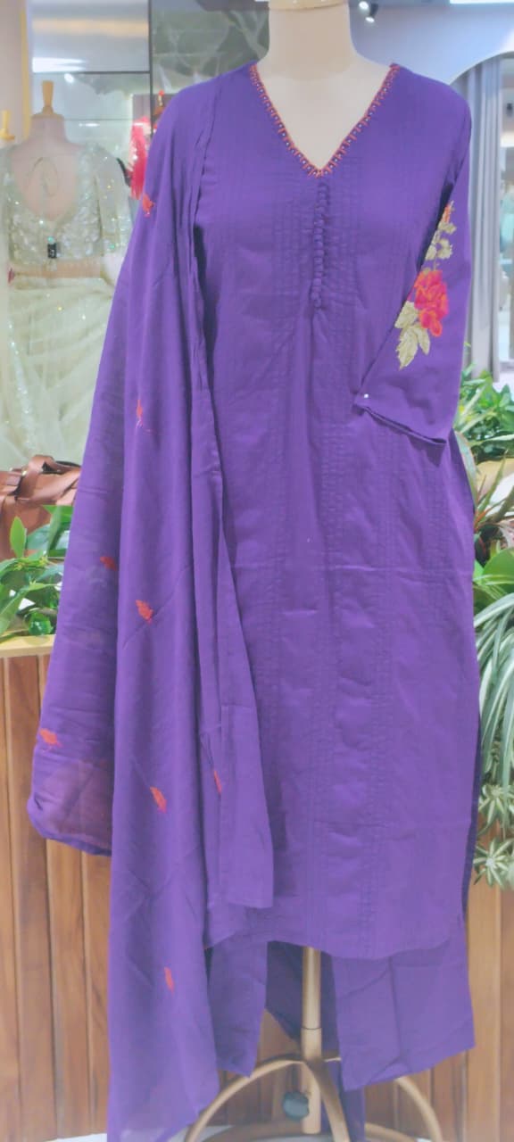 Crosia Work Over Sleeve Pleated Cotton Full Suit Set With Dupatta With Minimal Neckline- 16344