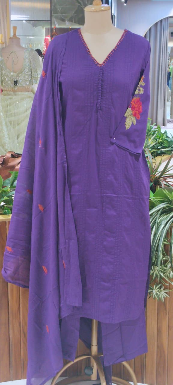 Crosia Work Over Sleeve Pleated Cotton Full Suit Set With Dupatta With Minimal Neckline- 16344