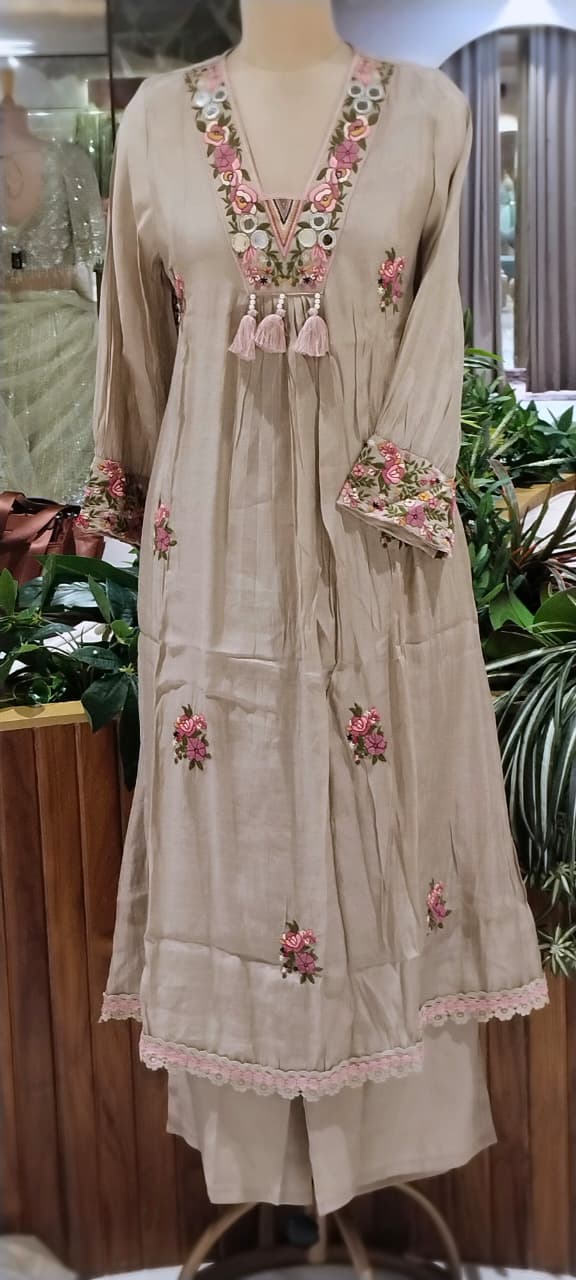 Floral Bouquet Chevron Embroidery Real Mirror Touch A-Line Surat Mul-Chanderi Full Suit Set With Dupatta- 15966