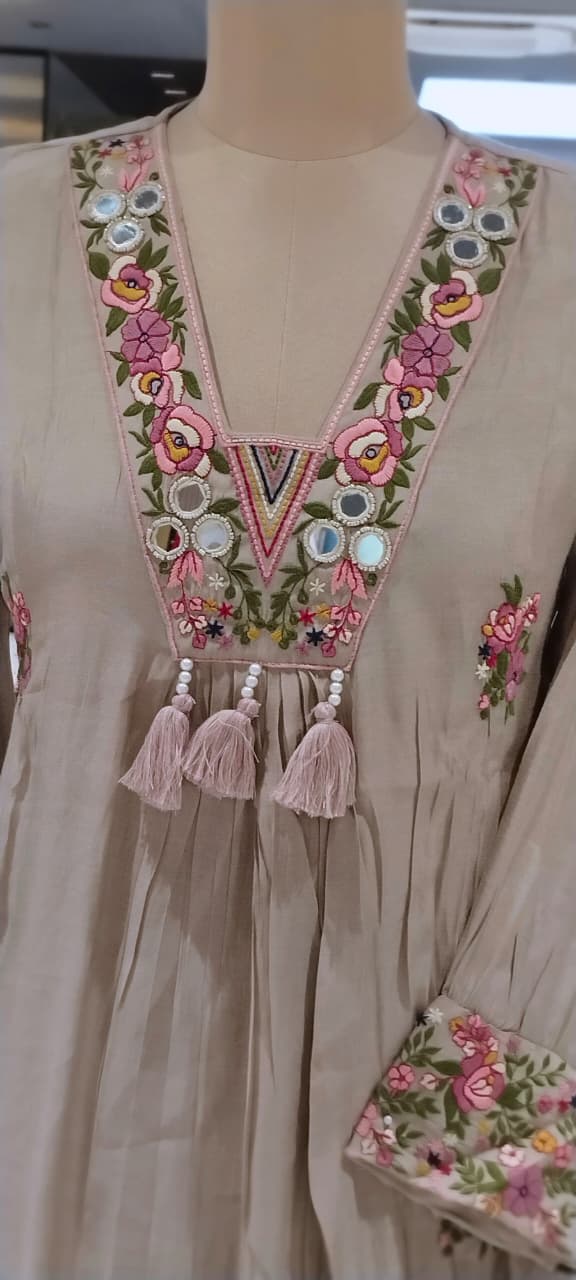 Floral Bouquet Chevron Embroidery Real Mirror Touch A-Line Surat Mul-Chanderi Full Suit Set With Dupatta- 15966