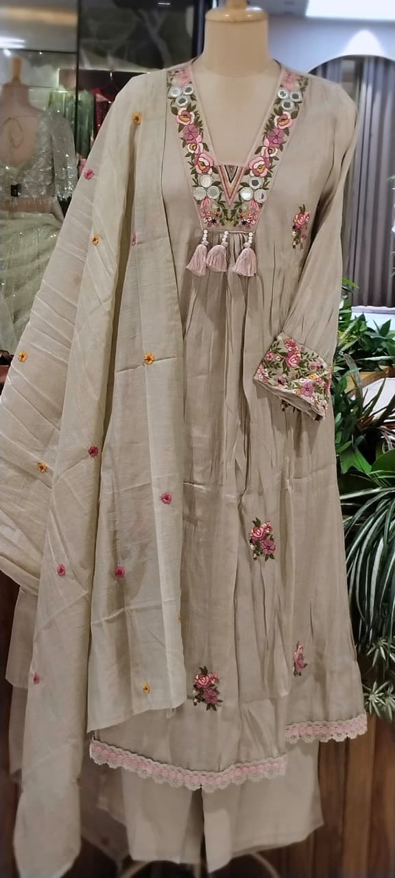 Floral Bouquet Chevron Embroidery Real Mirror Touch A-Line Surat Mul-Chanderi Full Suit Set With Dupatta- 15966