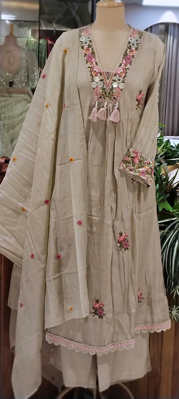 Floral Bouquet Chevron Embroidery Real Mirror Touch A-Line Surat Mul-Chanderi Full Suit Set With Dupatta- 15966