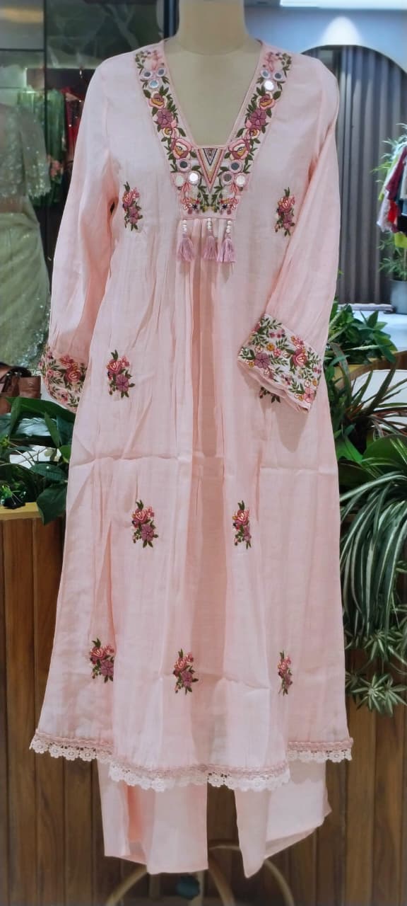 Floral Bouquet Chevron Embroidery Real Mirror Touch A-Line Surat Mul-Chanderi Full Suit Set With Dupatta- 15966