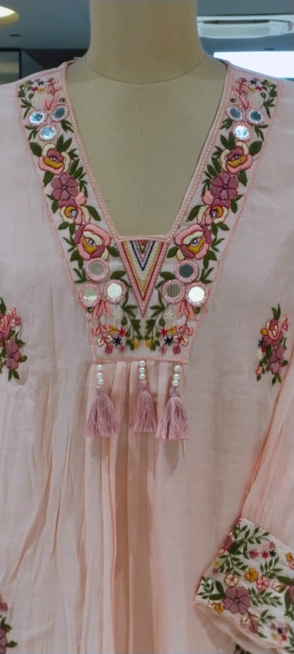Floral Bouquet Chevron Embroidery Real Mirror Touch A-Line Surat Mul-Chanderi Full Suit Set With Dupatta- 15966
