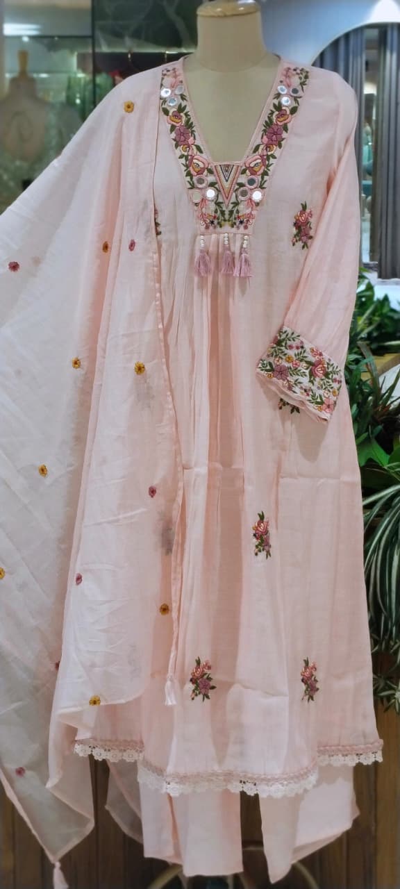 Floral Bouquet Chevron Embroidery Real Mirror Touch A-Line Surat Mul-Chanderi Full Suit Set With Dupatta- 15966