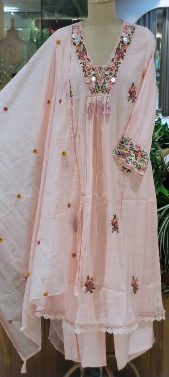 Floral Bouquet Chevron Embroidery Real Mirror Touch A-Line Surat Mul-Chanderi Full Suit Set With Dupatta- 15966