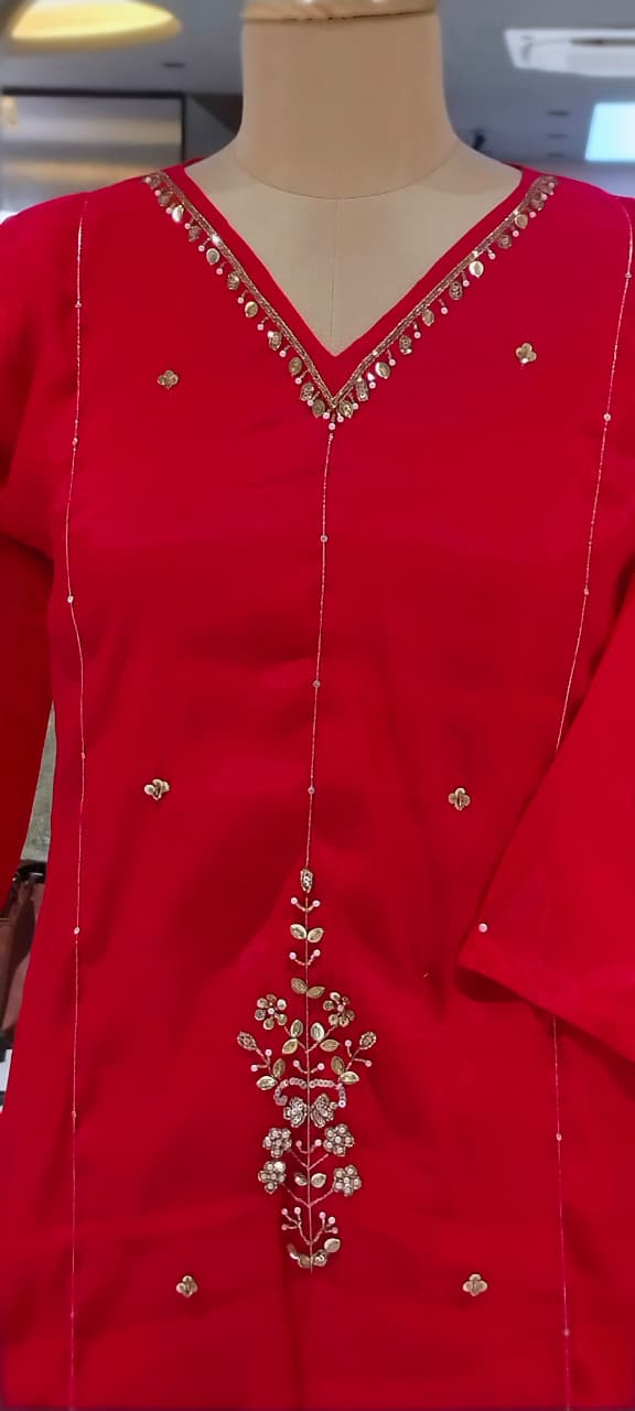 Elegant Beaded Subtle Embroidery Work Surat Mul-Chanderi Straight Full Suit Set With Dupatta- 16370