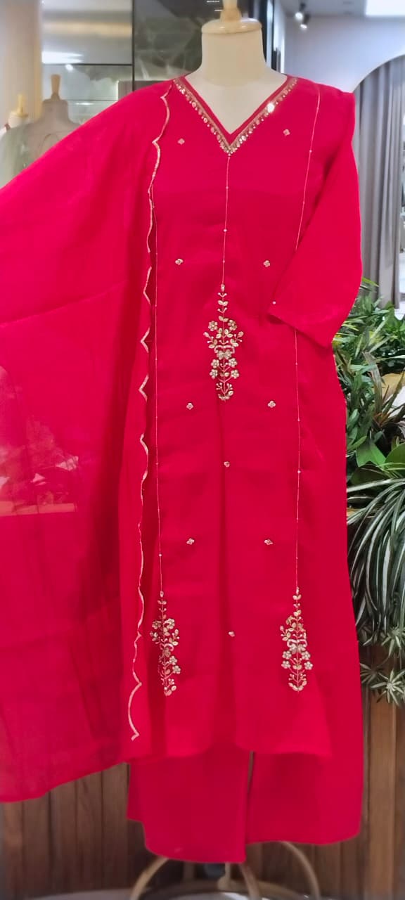 Elegant Beaded Subtle Embroidery Work Surat Mul-Chanderi Straight Full Suit Set With Dupatta- 16370