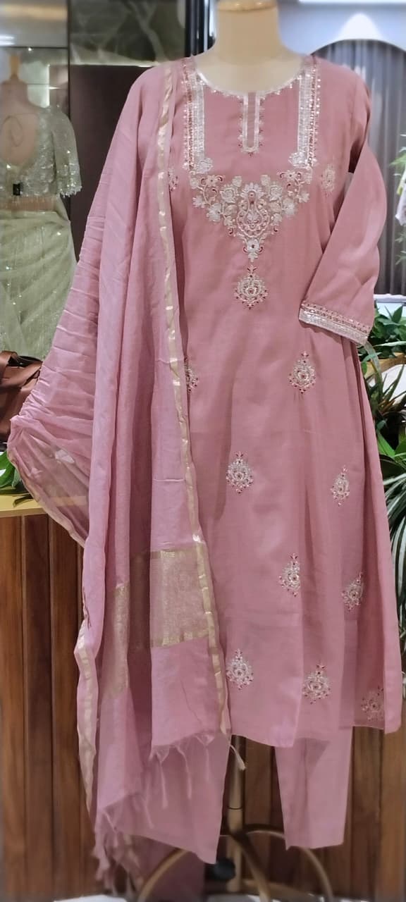 Pure Zarina Work Pastel Hue Surat Mul-Chanderi A-line Full Suit Set With Dupatta- 16408