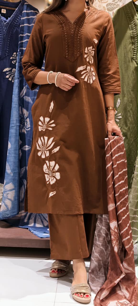 Pin Tuck Pleated Floral Patched Embroidery Straight Cotton Full Suit Set With Kota Doria Dupatta- 16266