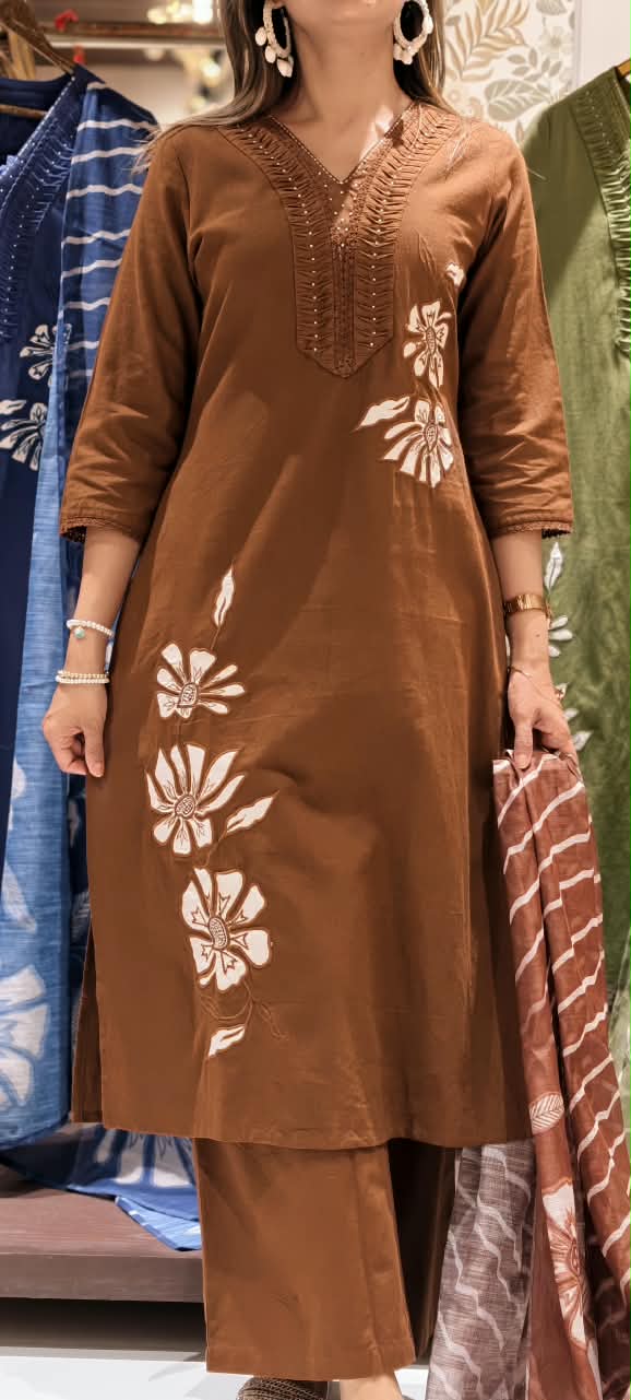 Pin Tuck Pleated Floral Patched Embroidery Straight Cotton Full Suit Set With Kota Doria Dupatta- 16266