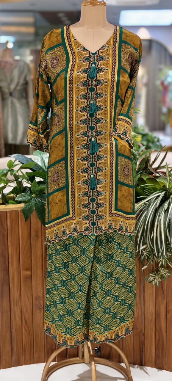 Mustard & Green Boxed Block Print Flowy Crepe Co-Ord Set- 15239