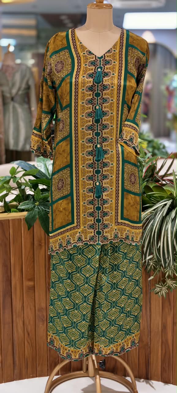 Mustard & Green Boxed Block Print Flowy Crepe Co-Ord Set- 15239