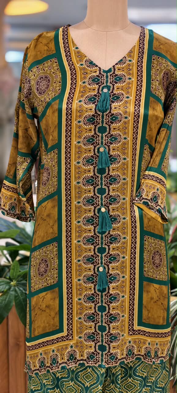 Mustard & Green Boxed Block Print Flowy Crepe Co-Ord Set- 15239