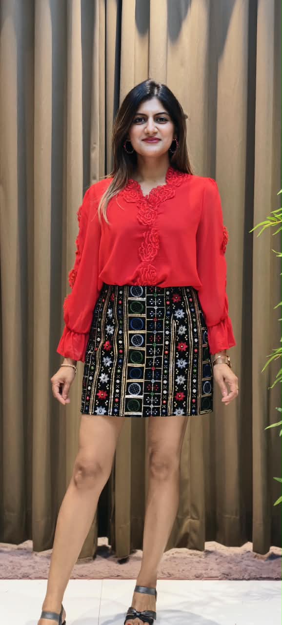 Multicolour Tribal Embroidered High-Waist Mini Skirt- 16204