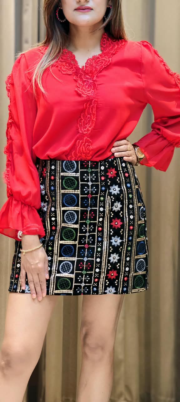 Multicolour Tribal Embroidered High-Waist Mini Skirt- 16204
