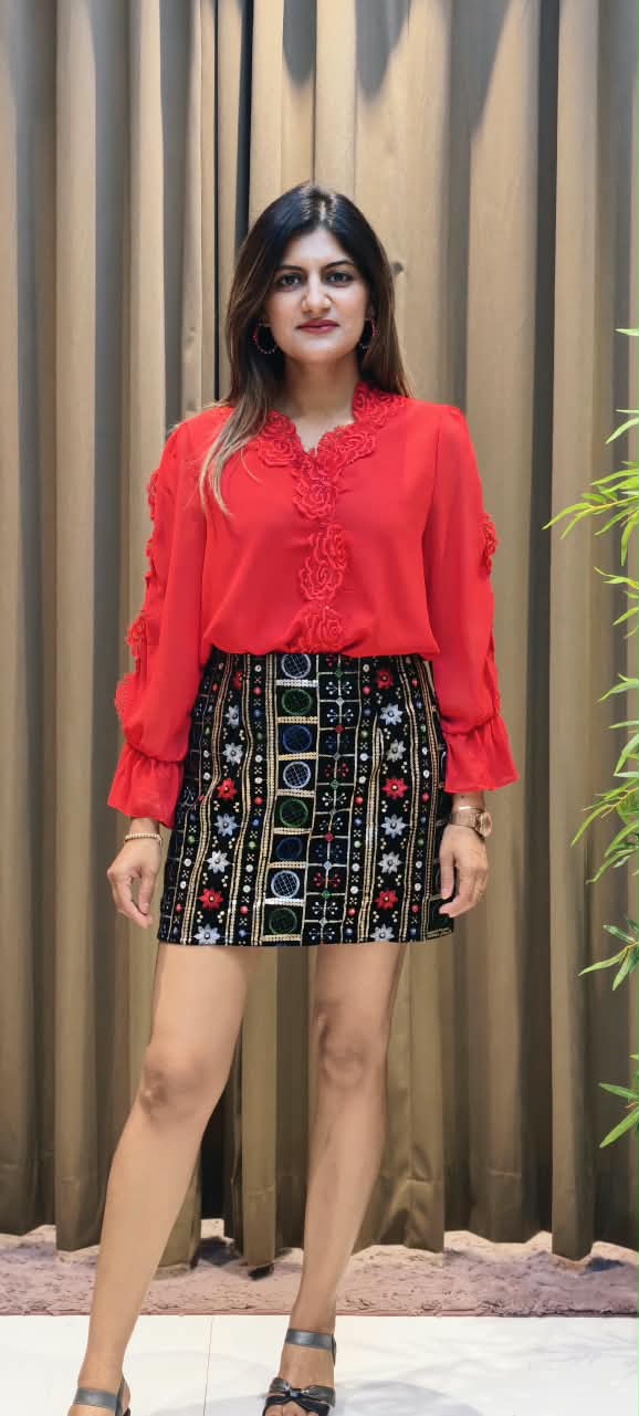 Multicolour Tribal Embroidered High-Waist Mini Skirt- 16204