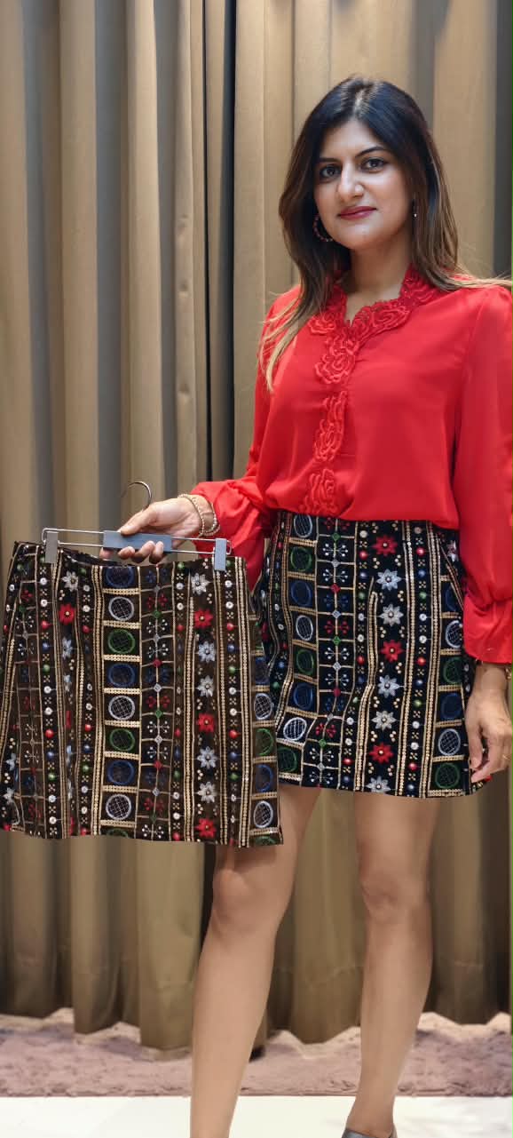 Multicolour Tribal Embroidered High-Waist Mini Skirt- 16204