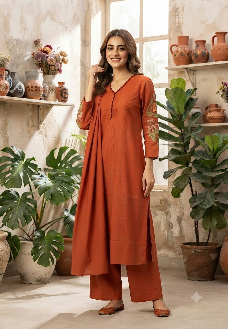 Crosia Work Over Sleeve Pleated Cotton Full Suit Set With Dupatta With Minimal Neckline- 16344