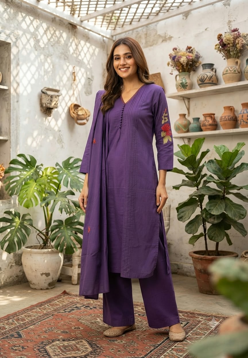 Crosia Work Over Sleeve Pleated Cotton Full Suit Set With Dupatta With Minimal Neckline- 16344