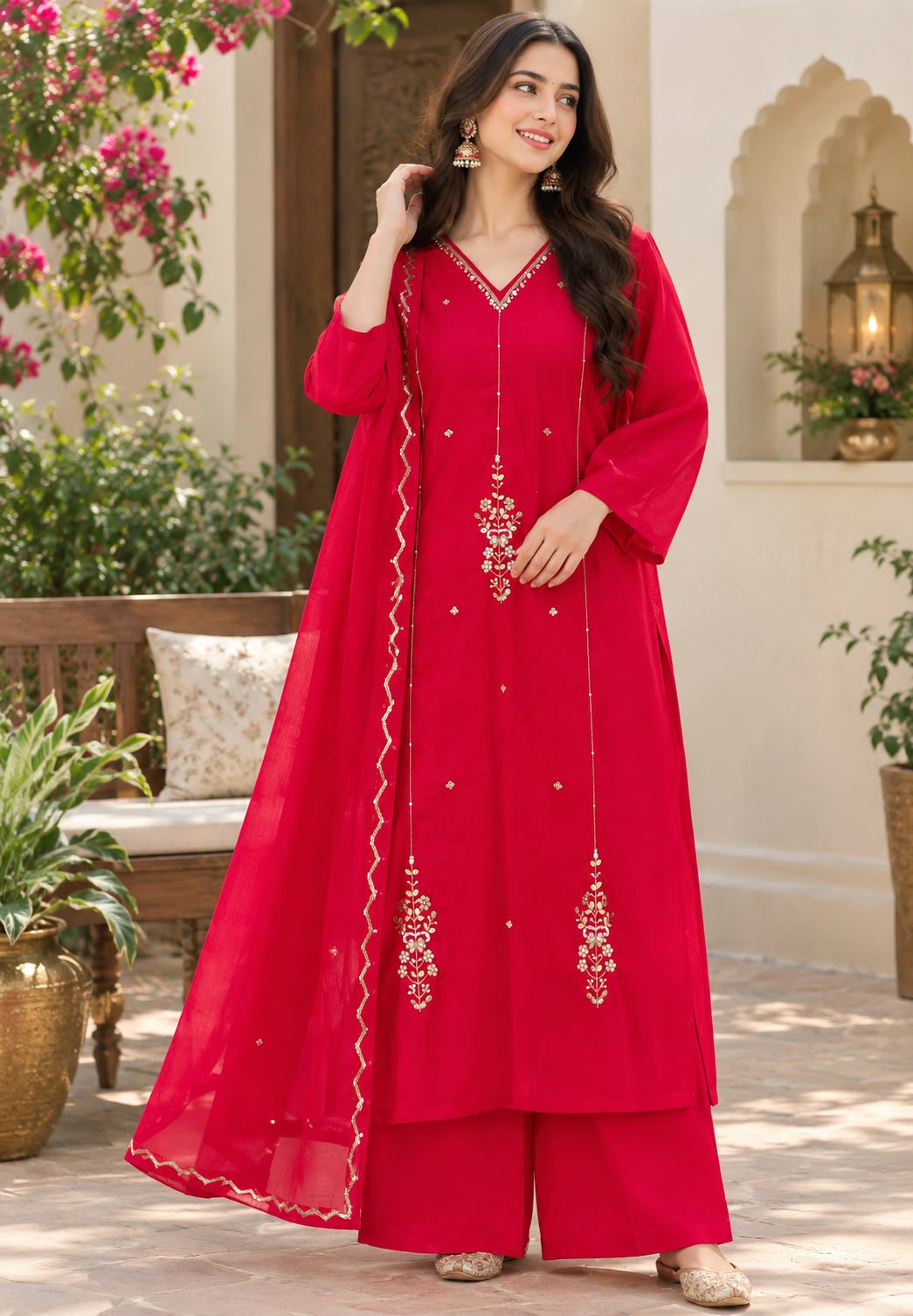 Elegant Beaded Subtle Embroidery Work Surat Mul-Chanderi Straight Full Suit Set With Dupatta- 16370