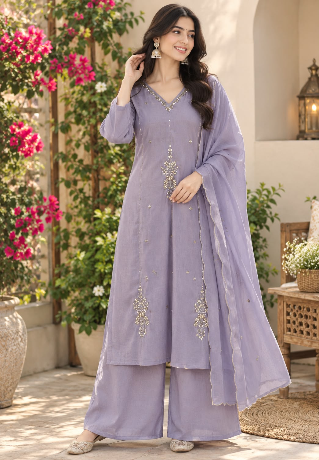 Elegant Beaded Subtle Embroidery Work Surat Mul-Chanderi Straight Full Suit Set With Dupatta- 16370