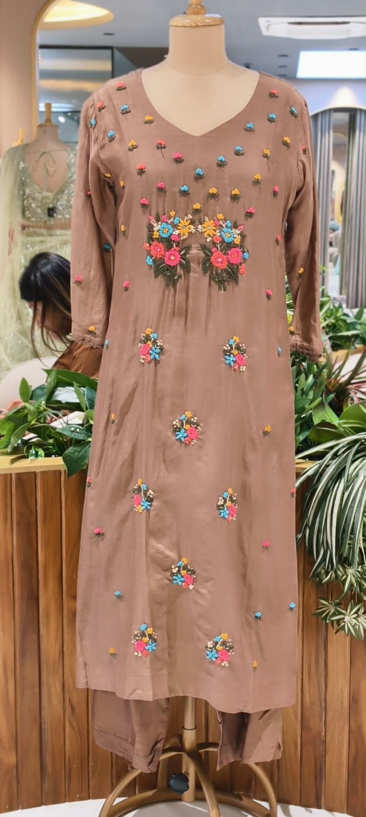 Cute Corchet Popped Floral Surat Mil-Chanderi Straight Full Suit Set With Dupatta- 16360