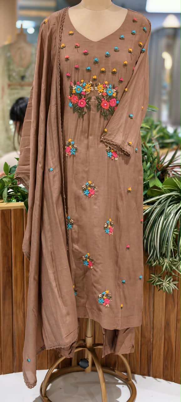 Cute Corchet Popped Floral Surat Mil-Chanderi Straight Full Suit Set With Dupatta- 16360