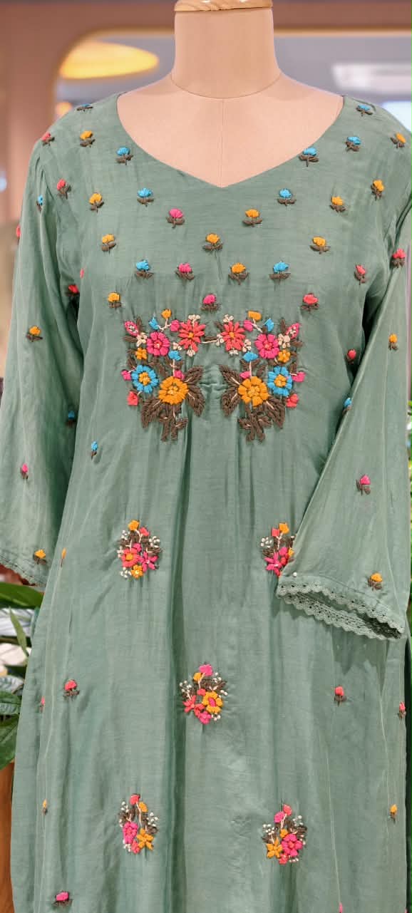 Cute Corchet Popped Floral Surat Mil-Chanderi Straight Full Suit Set With Dupatta- 16360