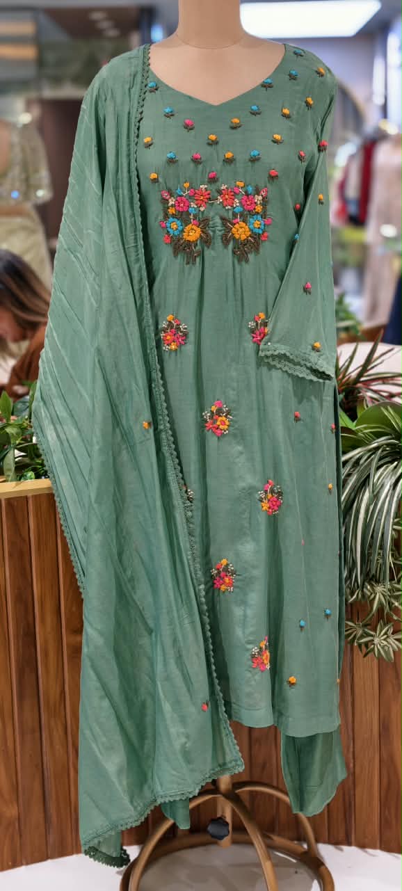 Cute Corchet Popped Floral Surat Mil-Chanderi Straight Full Suit Set With Dupatta- 16360