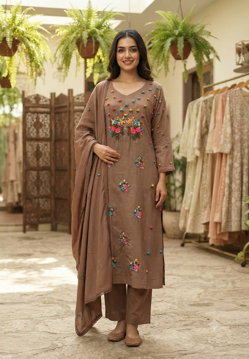 Cute Corchet Popped Floral Surat Mil-Chanderi Straight Full Suit Set With Dupatta- 16360