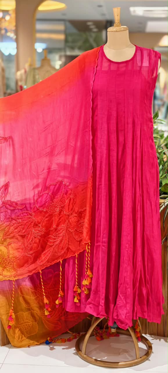 Pure Chanderi Vibrant Tone Ombre Shades Dangle Accent Matching Floral Patch Bustier With Outer Panel Gown Bottom & Dupatta - 16419