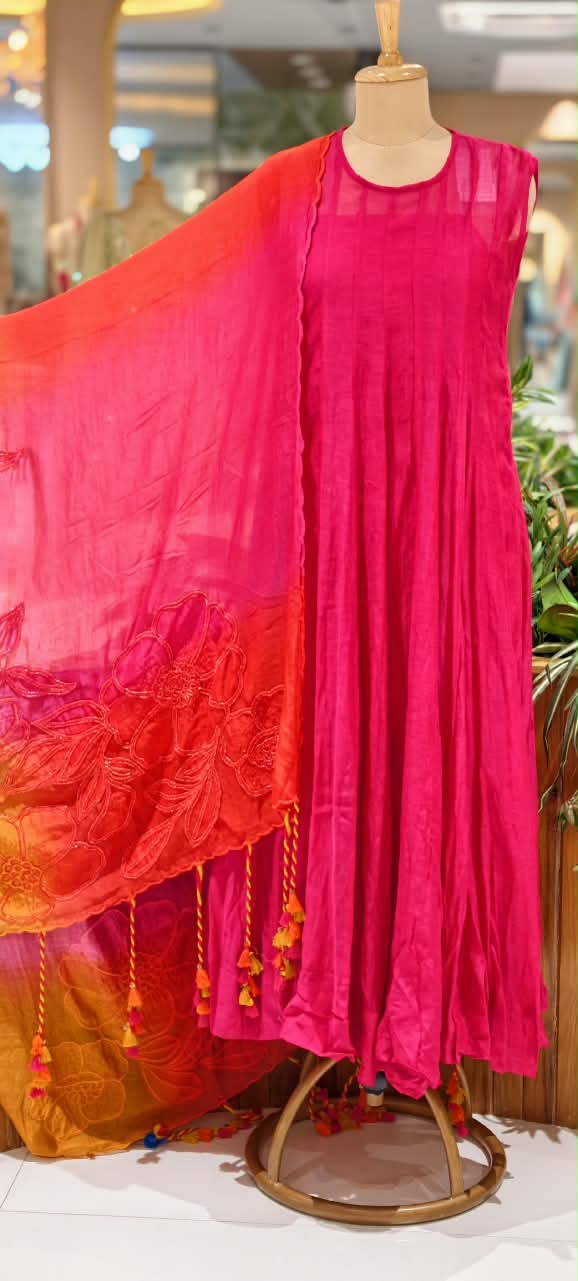 Pure Chanderi Vibrant Tone Ombre Shades Dangle Accent Matching Floral Patch Bustier With Outer Panel Gown Bottom & Dupatta - 16419