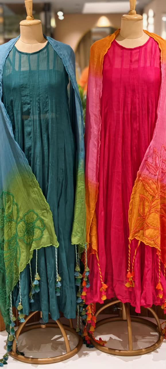 Pure Chanderi Vibrant Tone Ombre Shades Dangle Accent Matching Floral Patch Bustier With Outer Panel Gown Bottom & Dupatta - 16419