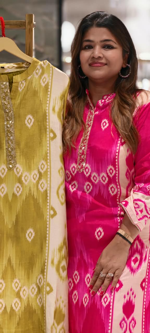 Ikkat Print Minimal Neckline Matching Kurta Pant Set In Soft Muslin Fabric- 16518