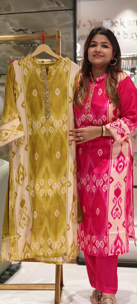Ikkat Print Minimal Neckline Matching Kurta Pant Set In Soft Muslin Fabric- 16518
