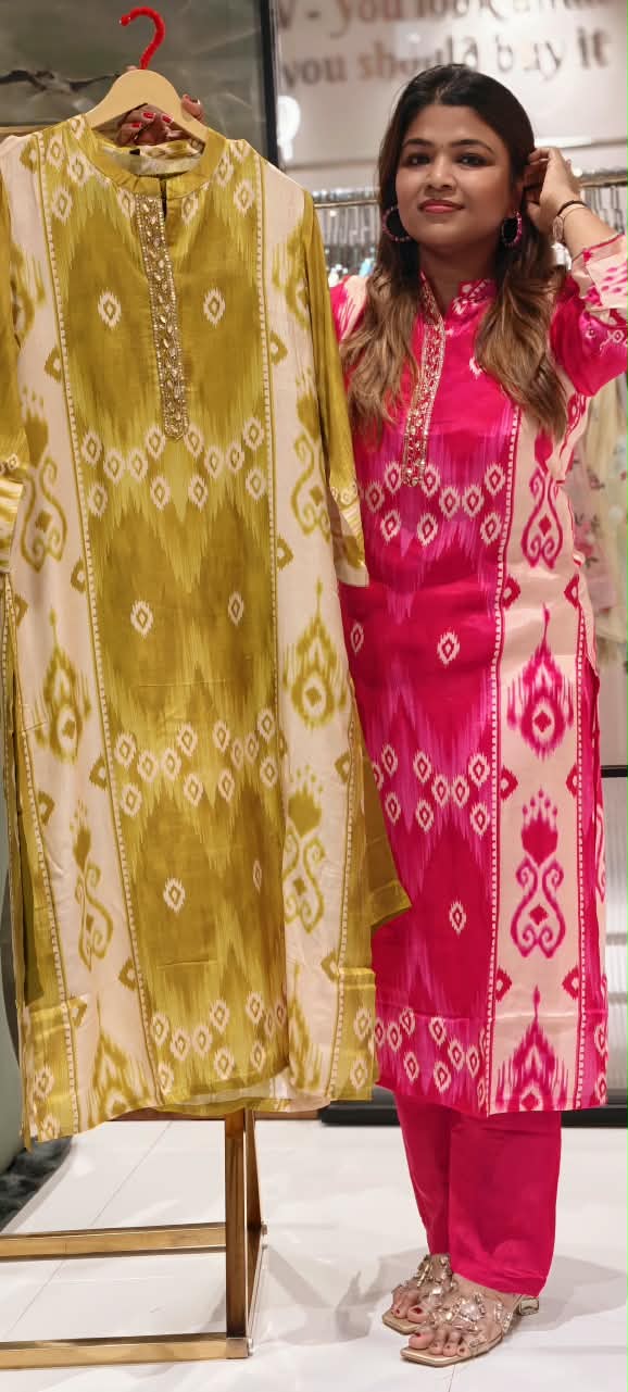 Ikkat Print Minimal Neckline Matching Kurta Pant Set In Soft Muslin Fabric- 16518