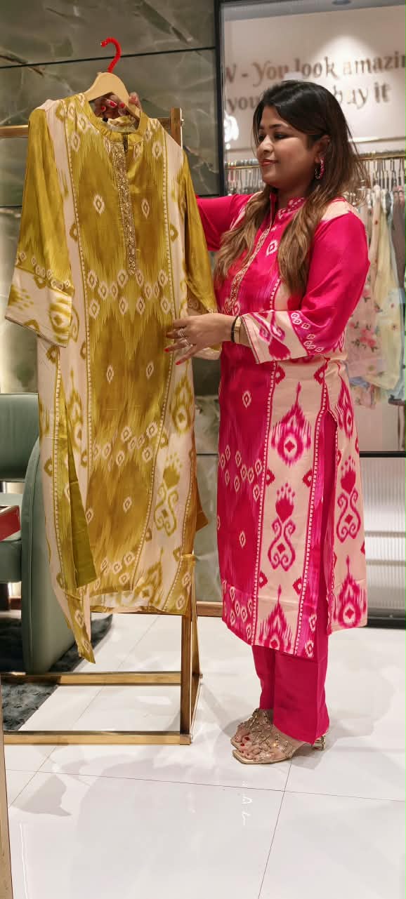 Ikkat Print Minimal Neckline Matching Kurta Pant Set In Soft Muslin Fabric- 16518