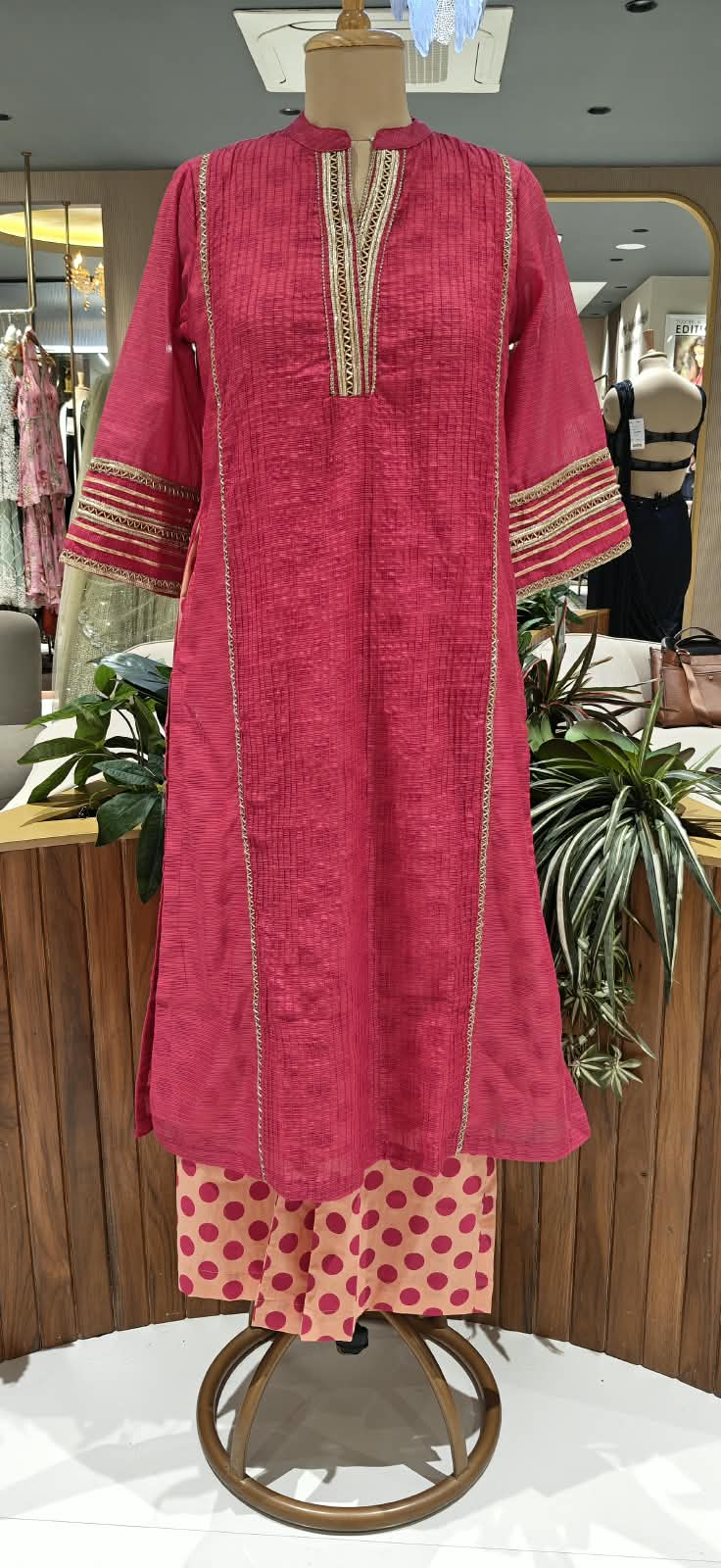 Crush Kota Doria Fuschia Glow Golden Lace Touch Kurta With Polka Dotted Cotton Pant- 16496