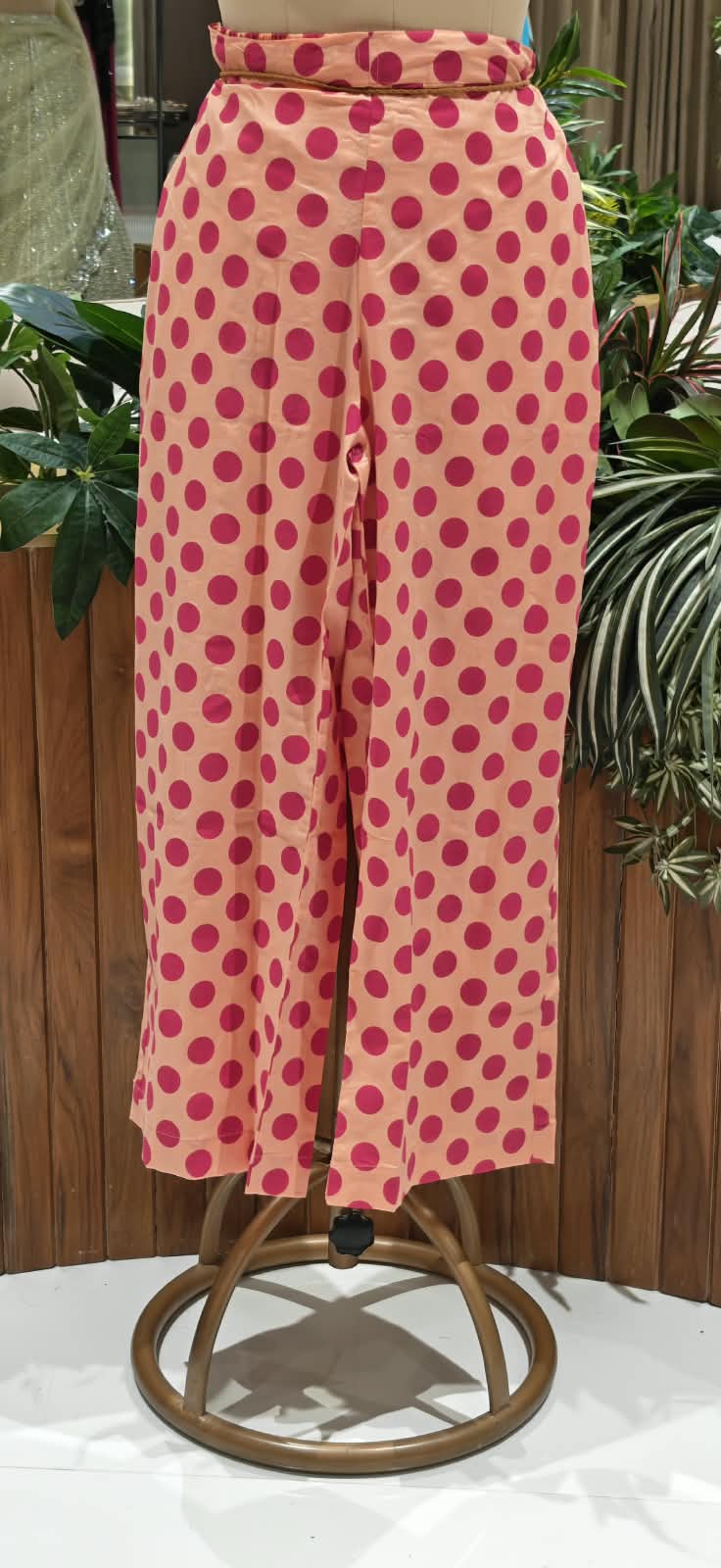 Crush Kota Doria Fuschia Glow Golden Lace Touch Kurta With Polka Dotted Cotton Pant- 16496