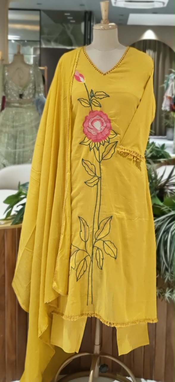 Bright Tone Rosy Vine Embroidered Minimal Lace Accent Cotton Full Suit Set With Dupatta- 16521