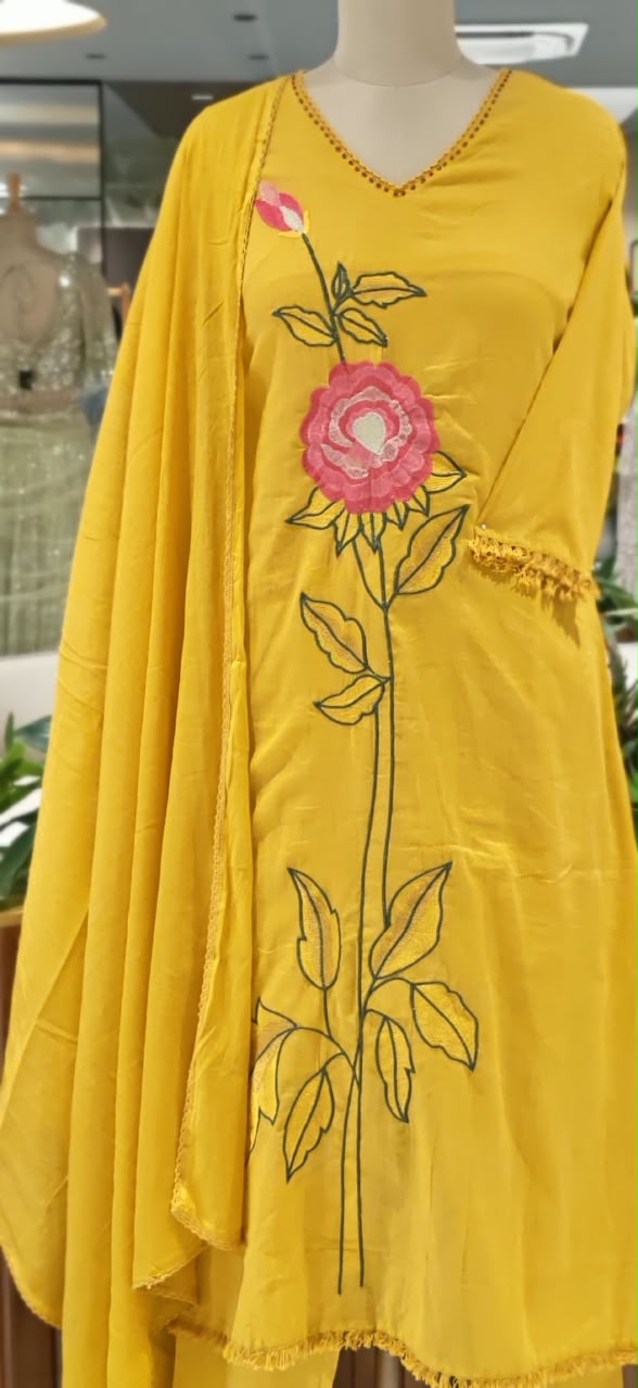 Bright Tone Rosy Vine Embroidered Minimal Lace Accent Cotton Full Suit Set With Dupatta- 16521