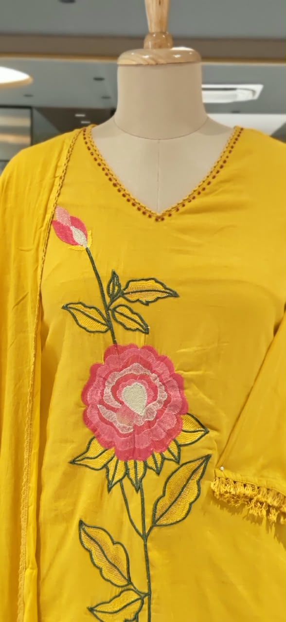Bright Tone Rosy Vine Embroidered Minimal Lace Accent Cotton Full Suit Set With Dupatta- 16521