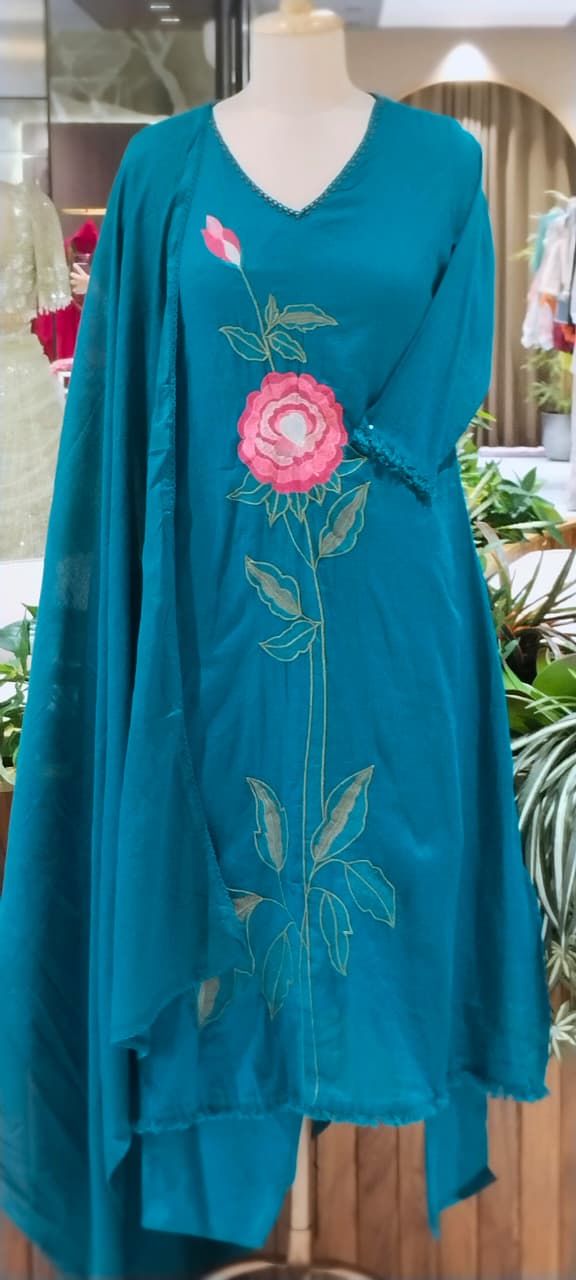 Bright Tone Rosy Vine Embroidered Minimal Lace Accent Cotton Full Suit Set With Dupatta- 16521