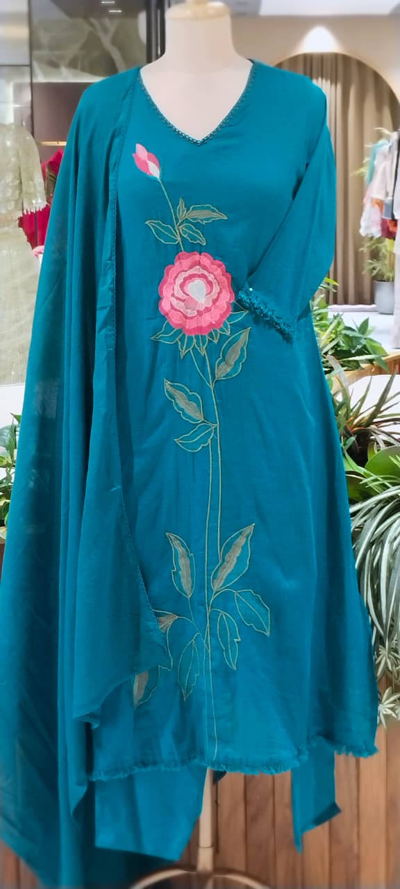 Bright Tone Rosy Vine Embroidered Minimal Lace Accent Cotton Full Suit Set With Dupatta- 16521