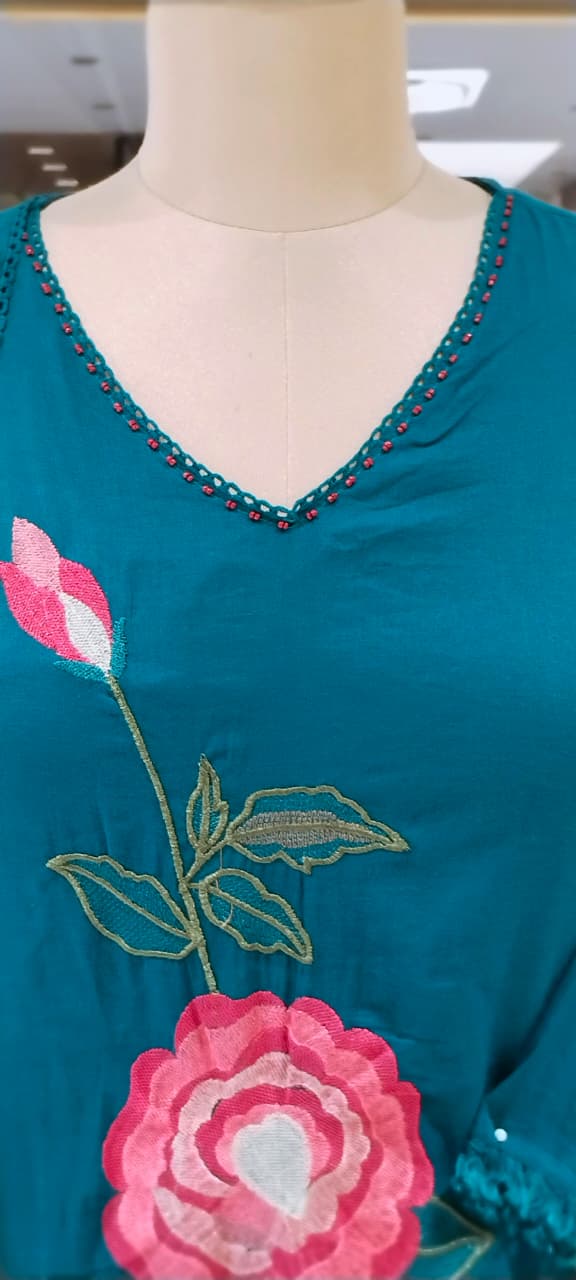 Bright Tone Rosy Vine Embroidered Minimal Lace Accent Cotton Full Suit Set With Dupatta- 16521